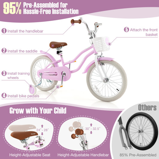 Children Bicycle with Front Handbrake and Rear Coaster Brake-Purple - Image 2