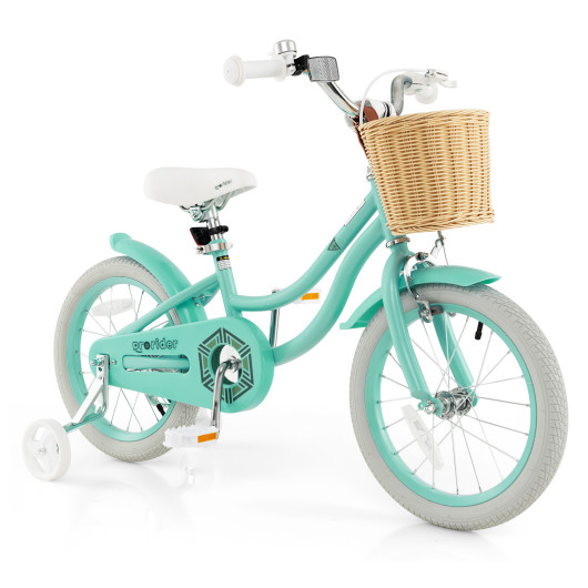16" Kid's Bike with Training Wheels and Adjustable Handlebar Seat-Green