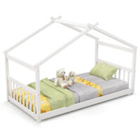 Twin Size Wooden House Bed with Roof-White - Image 2