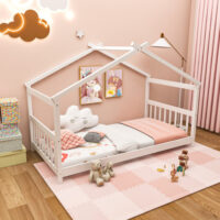 Twin Size Wooden House Bed with Roof-White - Image 6