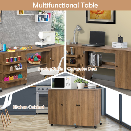 Folding Sewing Table Shelves Storage Cabinet Craft Cart with Wheels-Natural - Image 5