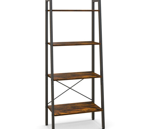 4-Tier Bookshelf with Metal Frame and Adjustable Foot Pads-Rustic Brown