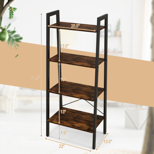 4-Tier Bookshelf with Metal Frame and Adjustable Foot Pads-Rustic Brown - Image 5