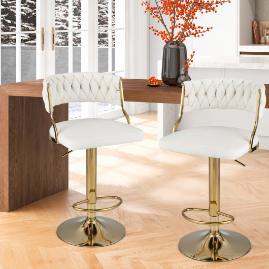 Swivel Barstool with Woven Back Set of 2 for Kitchen Island Cafe-White - Image 2