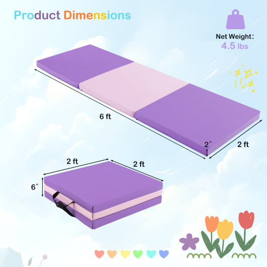 6 x 2 FT Tri-Fold Gym Mat with Handles and Removable Zippered Cover-Pink & Purple - Image 2