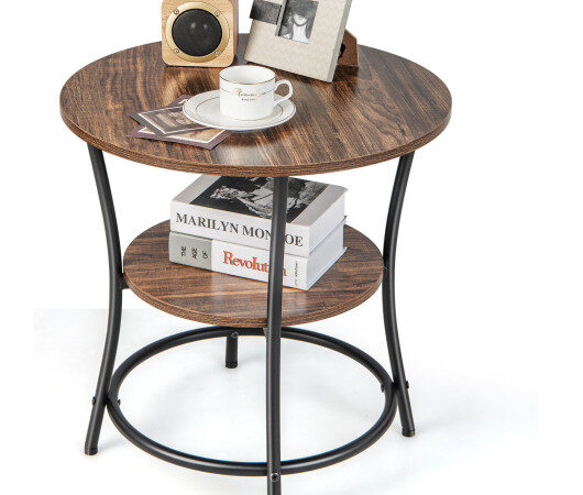 2-Tier Round End Table with Open Storage Shelf and Sturdy Metal Frame-Brown