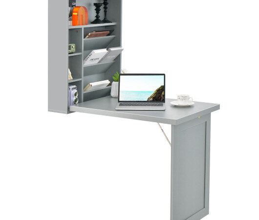 Wall-Mounted Fold-Out Convertible Floating Desk Space Saver-Gray