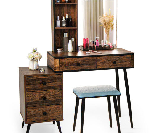 Vanity Makeup Table Set with Lighted Mirror-Brown