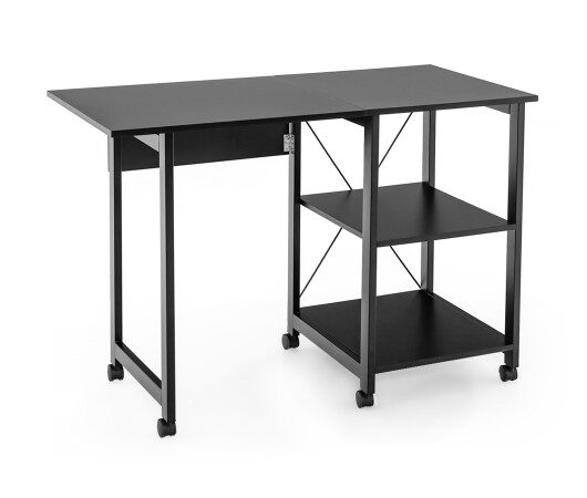 Folding Writing Office Desk with Storage Shelves-Black