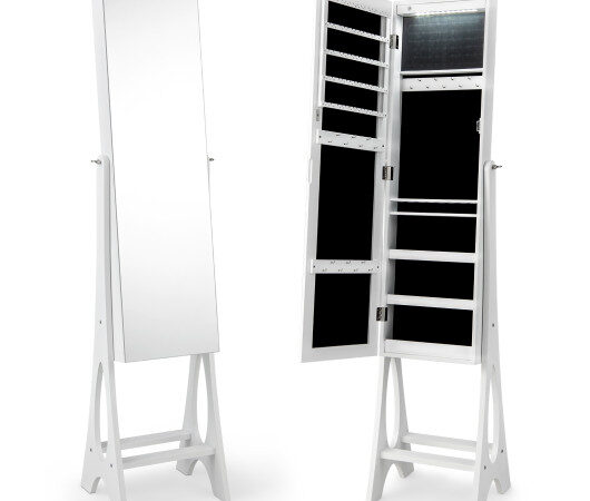Freestanding Jewelry Cabinet Armoire Organizer with Bevel Edge Mirror-White