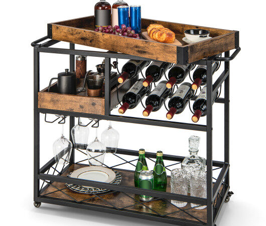 3-Tier Rolling Bar Cart with Removable Tray and Wine Rack-Rustic Brown