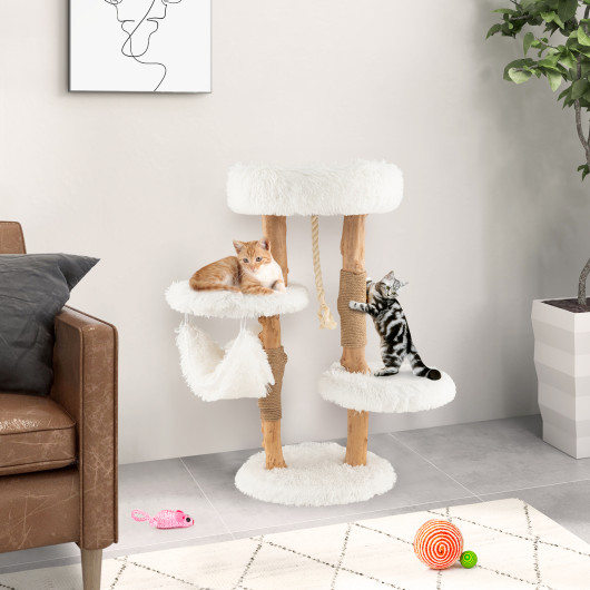 Solid Wood Cat Tower with Jute Scratching Posts and Hanging Rope for Indoor Cats - Image 3