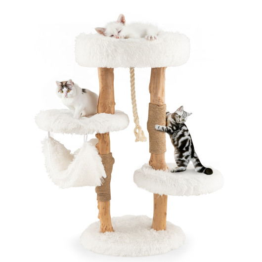 Solid Wood Cat Tower with Jute Scratching Posts and Hanging Rope for Indoor Cats - Image 4