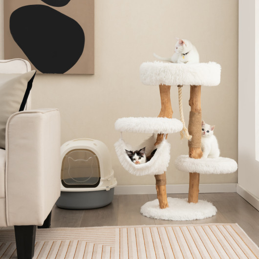 Solid Wood Cat Tower with Jute Scratching Posts and Hanging Rope for Indoor Cats - Image 5