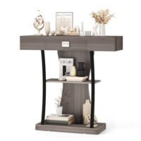 Console Table with Drawer and 2-Tier Shelves for Entryway Living Room-Gray - Image 5