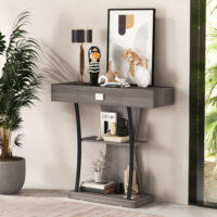 Console Table with Drawer and 2-Tier Shelves for Entryway Living Room-Gray - Image 2