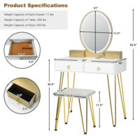 Vanity Table Set with 3-Color Lighted Dimmable Mirror-White - Image 3