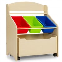Kids Wooden Toy Storage Unit Organizer with Rolling Toy Box and Plastic Bins-Natural - Image 3