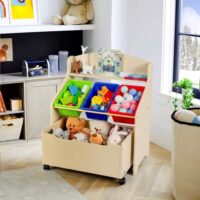 Kids Wooden Toy Storage Unit Organizer with Rolling Toy Box and Plastic Bins-Natural - Image 6