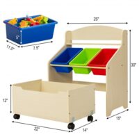 Kids Wooden Toy Storage Unit Organizer with Rolling Toy Box and Plastic Bins-Natural - Image 4