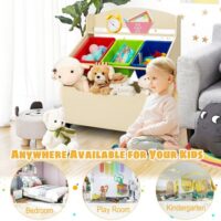Kids Wooden Toy Storage Unit Organizer with Rolling Toy Box and Plastic Bins-Natural - Image 5